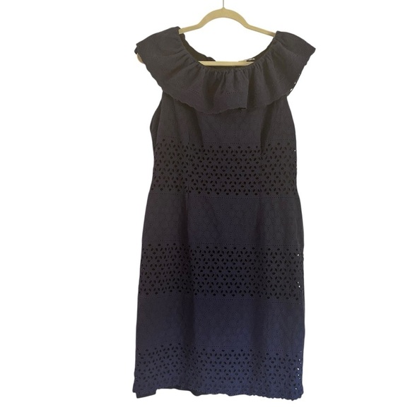 Karl Lagerfeld Paris Navy Off-Shoulder Eyelet Dress SZ 12 Ruffle Neck Cotton Mid - Picture 4 of 8